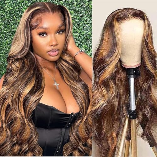 wenyu Honey Blonde Ombre Lace Front Wigs Human Hair Highlight 4/27 Human Hair Wig Colored Body Wave 13x4 Lace Frontal Wigs for Women Pre Plucked (Body Wave 22 Inch)
