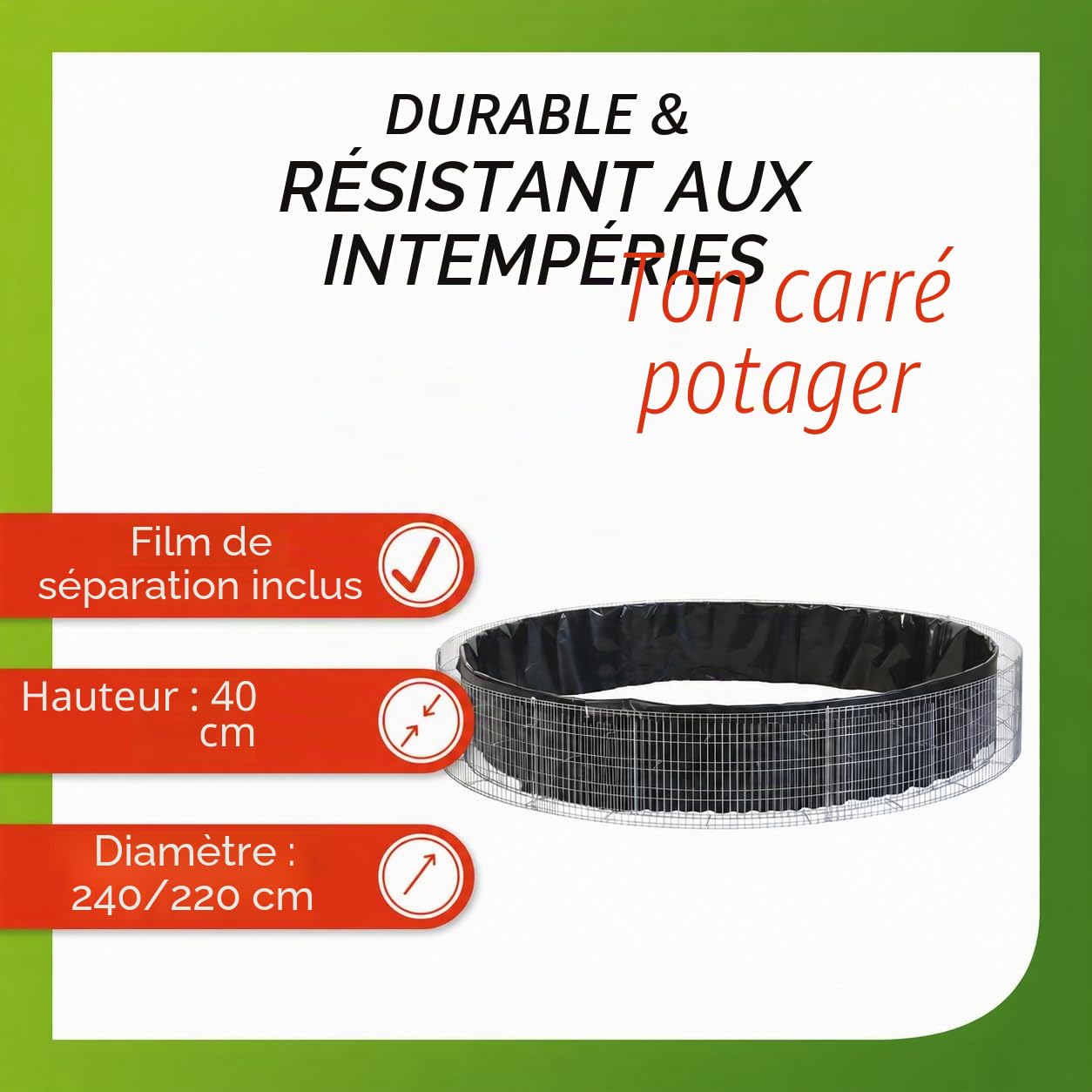bellissa Parterre surélevé Rond en Gabion - 95568 - jardinière Ronde en Cage à Pierre - kit de Construction, Film de séparation Inclus - diamètre 240/220 cm, Hauteur 40 cm