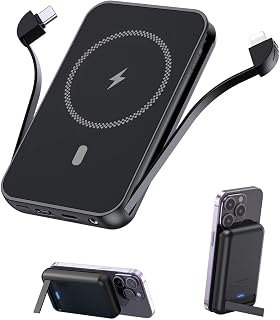 for Magnetic Power Bank, 6800mAh Wireless Portable Charger with PD30W Fast Charging, Battery Pack Built-in 2 Output Cables for iPhone (Black)