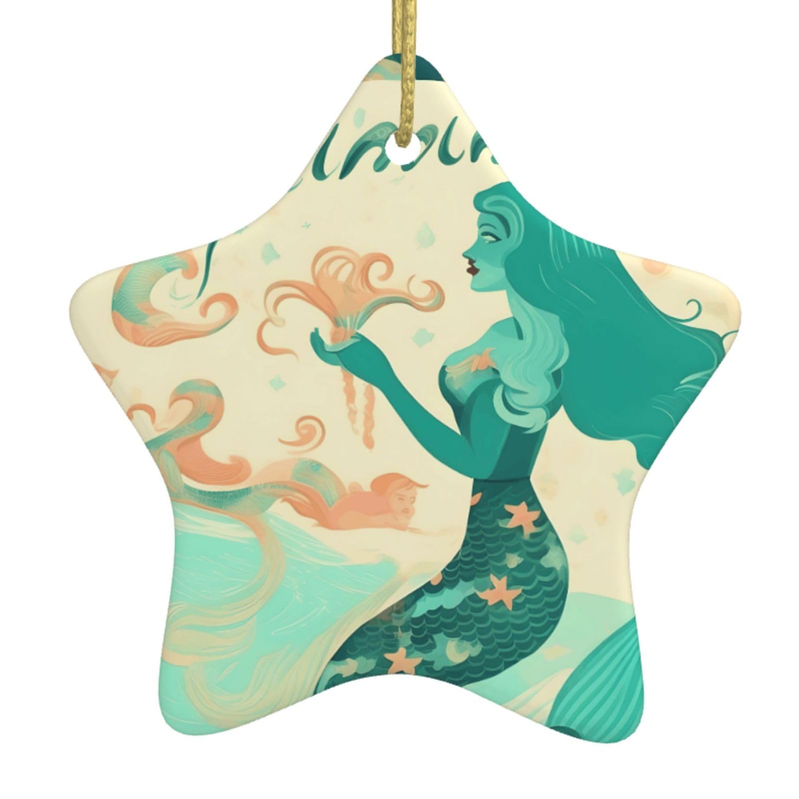 Retro Mermaid Print Christmas Ornaments, Ceramic Hanging Ornament, Round Shape Decorations