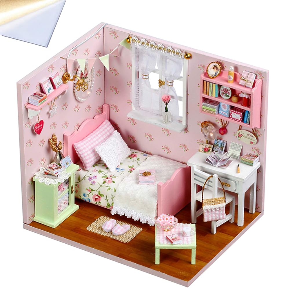 Wooden DIY Miniature House Kit Bedroom Theme, Mini Dollhouse with LED Lights & HD Transparent Dust Cover, Creative Handmade Decor Figurine Craft Set (Pink)