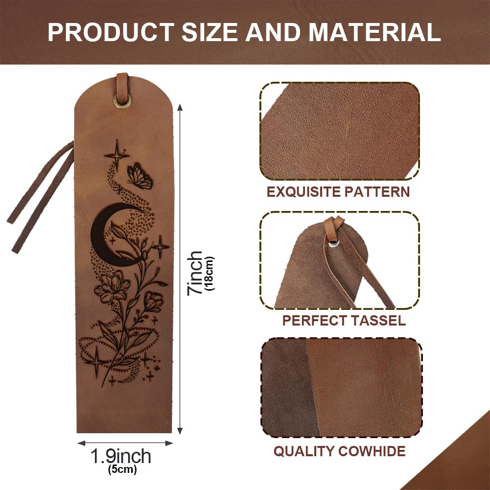MAYJOYDIY Leather Bookmark, Moon Flower Design, Cowhide Material, Brown, 5x18cm - Image 2