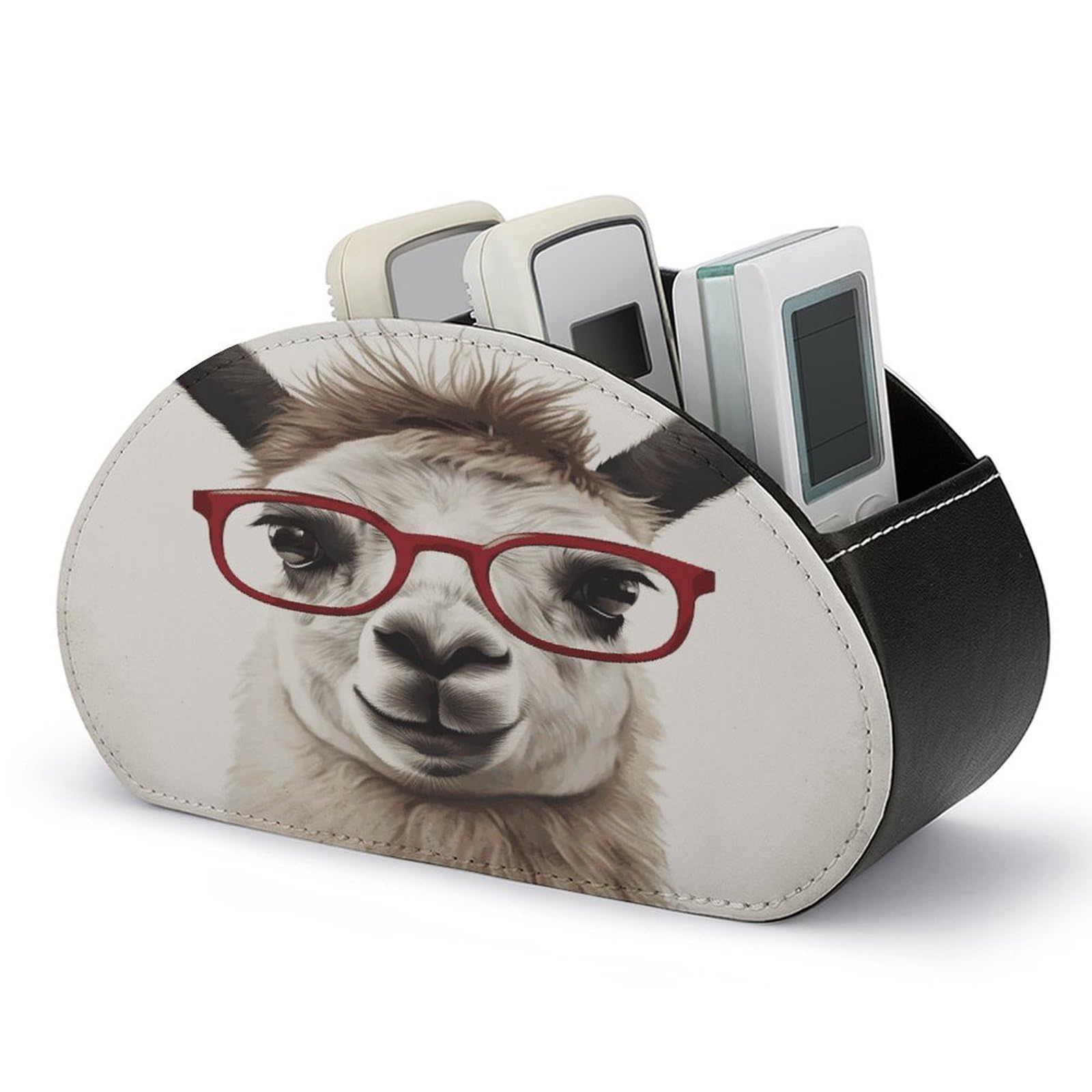 VstaDank Llama Remote Holder with Glasses 5 Compartments TV Remote Control Caddy Box PU Leather Multifunctional Office Desk Storage Box Bedside Table Desk Storage Organizer