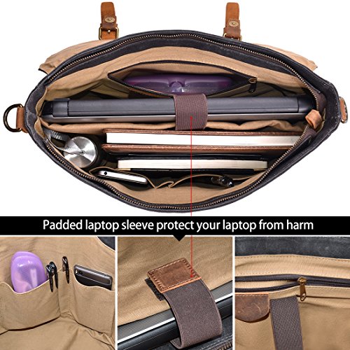 Newhey Mens Messenger Bag Waterproof Canvas Leather Computer Laptop Bag 15.6 Inch Briefcase Case Vintage Retro Waxed Canvas Genuine Leather Large Satchel Shoulder Bag College Grey #TOP3