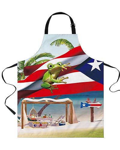 Puerto Rico Flag Summer Palm Tree Frog Kitchen Aprons with