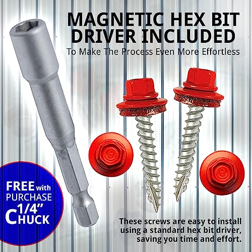 EAGLE 1 Metal Roofing Screws #10 - Painted Hex Head Self-Tapping Screws with EDPM Rubber Washer for Metal to Wood, Vinyl, Small Sheet Metal - Free Magnetic Driver (Bright Red, 2 Inch, 250) - Thumbnail 5