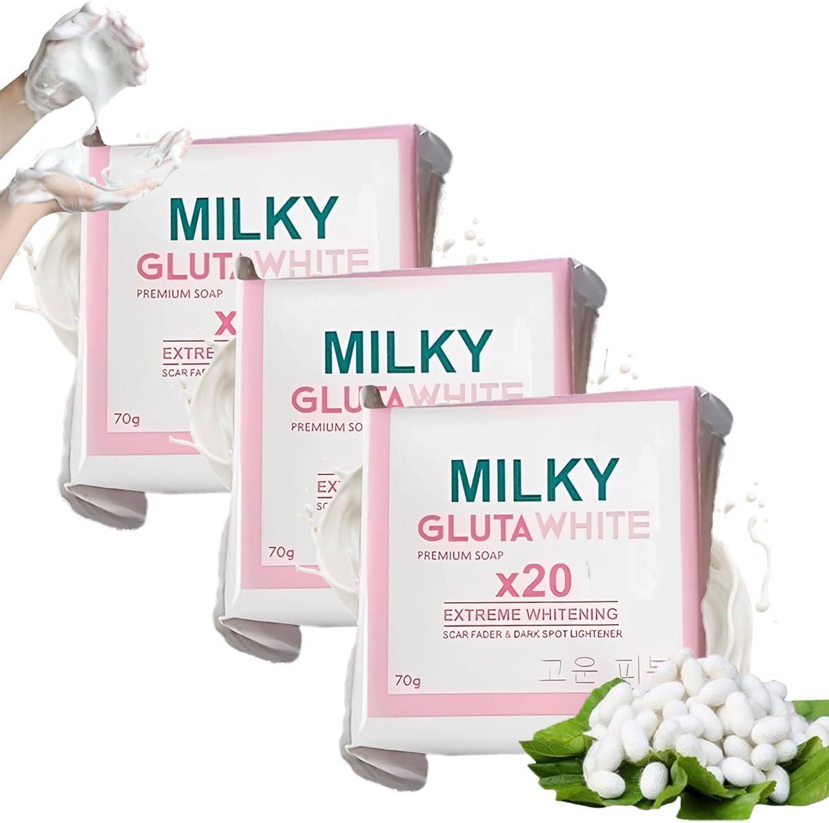 Milky Gluta 𝐖𝐡𝐢𝐭𝐞 Soap 20x, Glutamilk 𝐖𝐡𝐢𝐭𝐞𝐧𝐢𝐧𝐠 Bar Soap, For Face & Body, Deep Cleanse, Exfoliate (3PCS)
