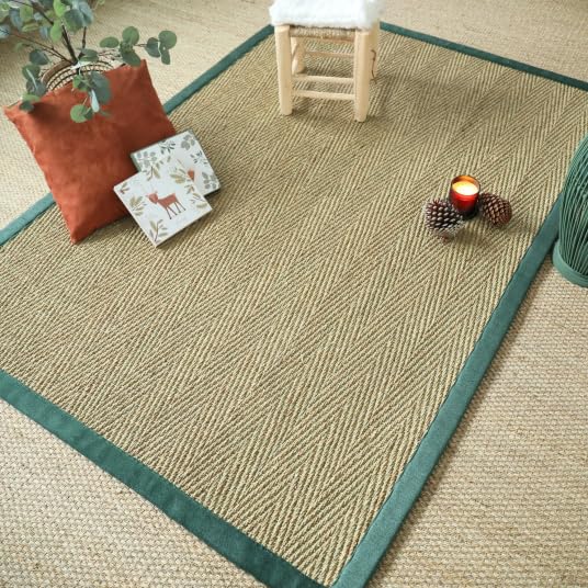 Tapis Jonc de mer - Assam chevron - Ganse lin vert sapin - 160 x 230 cm