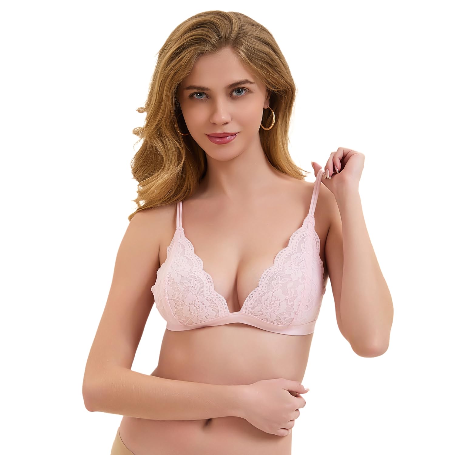 Women's Lace Bralettes Triangle Wireless Bras with Adjustable Straps V Neck Soft Unpadded Multicolors-Petite