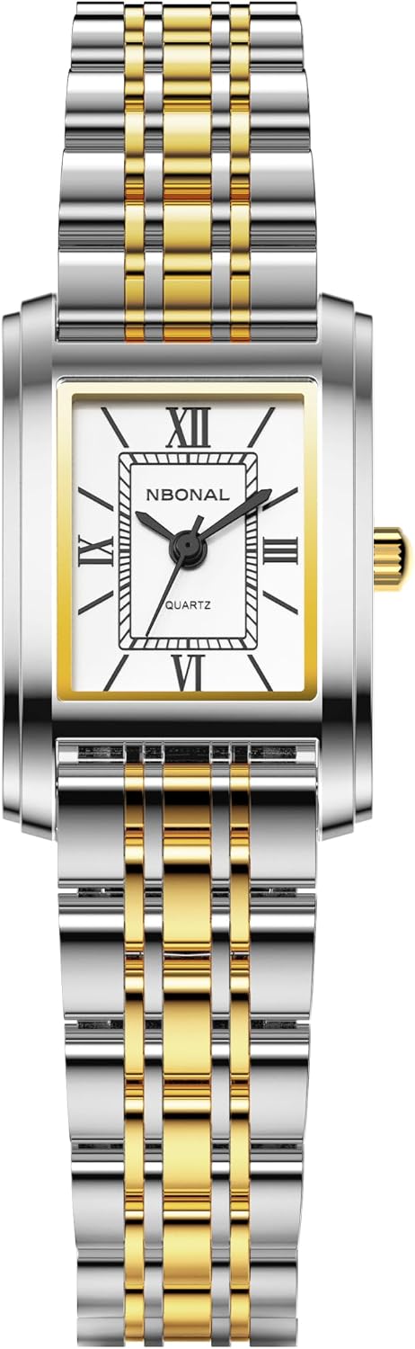 NBONAL Women's Vintage Rectangle Watch, Gold Stainless Steel Band, White Roman Dial, Small Size, Water Resistant