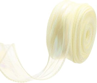 QUARKZMAN 40mm Wide Sparkle Shimmer Wired Organza Ribbon Pastel Shimmer Iridescent Chiffon Ribbon 23m Cream for Gift Box Bouquet Wedding Bows