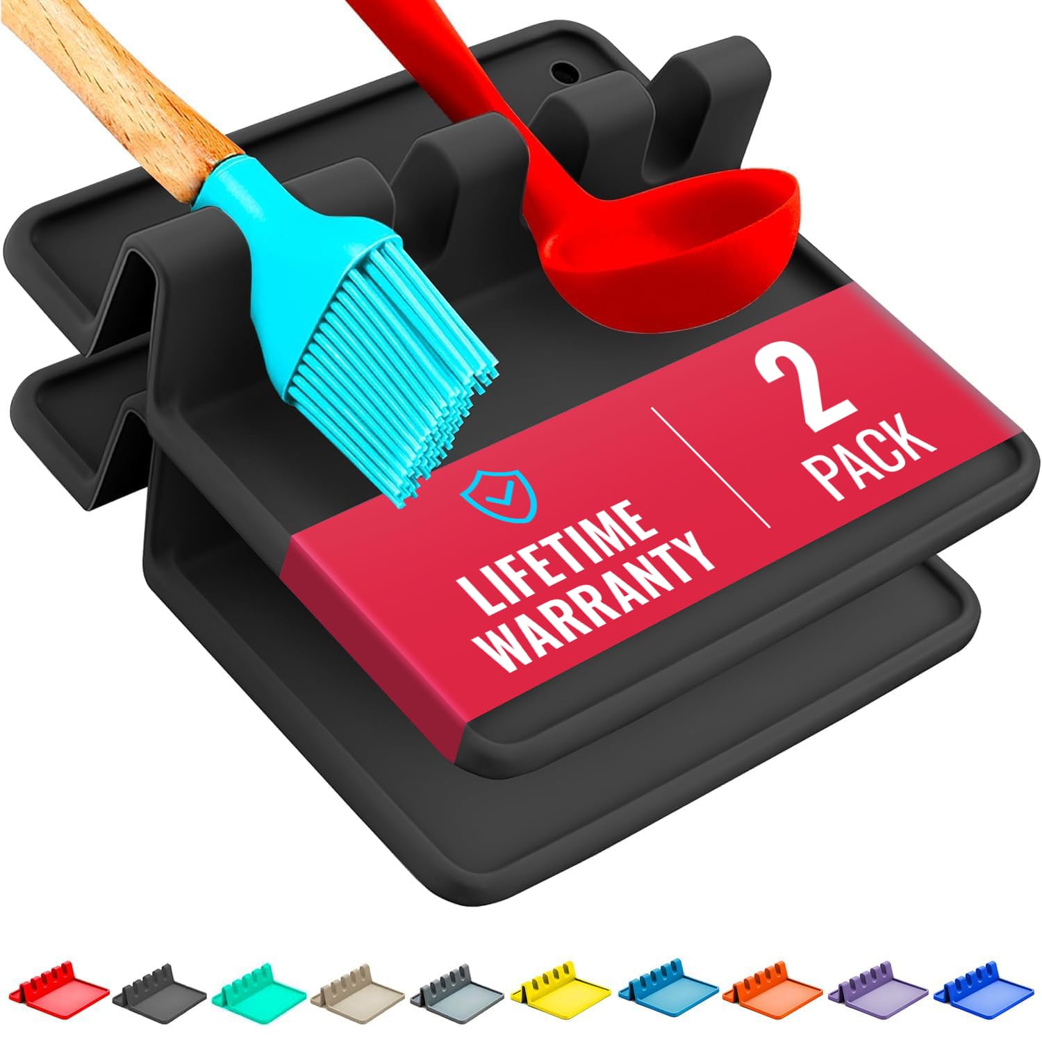 Cooler Kitchen Black Silicone Spoon Rest for Stove Top with Drip Pad (Two Pack) - Heat-Resistant, BPA-Free Utensil Rest & Spoon Holder for Kitchen Counter - Grill Utensil Holder for Spatulas