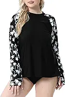 Feminino Camisa De Natação Plus Size Com Abertura Para Polegar E Manga Comprida Proteção Uv 50+, Top Maiô Palm Tree, Preto 1X
