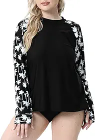 Feminino Camisa De Natação Plus Size Com Abertura Para Polegar E Manga Comprida Proteção Uv 50+, Top Maiô Palm Tree, Preto 1X