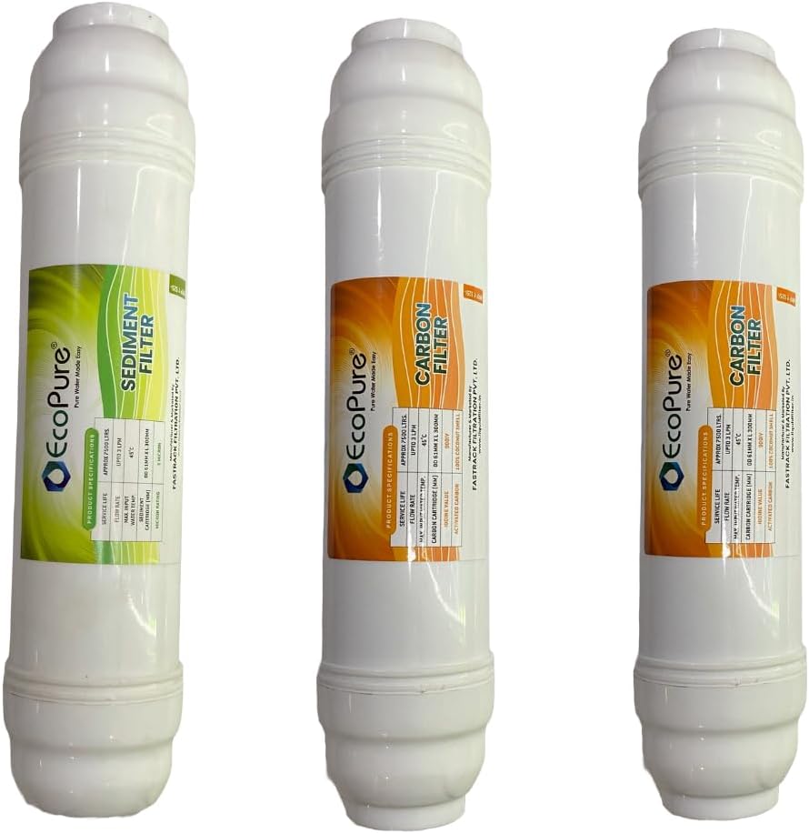 Aqua Ecopure 2 Carbon Filter & 1 Sediment Filter and Elbow (Set of 3), Inline Filter Set for All RO Water Purifier