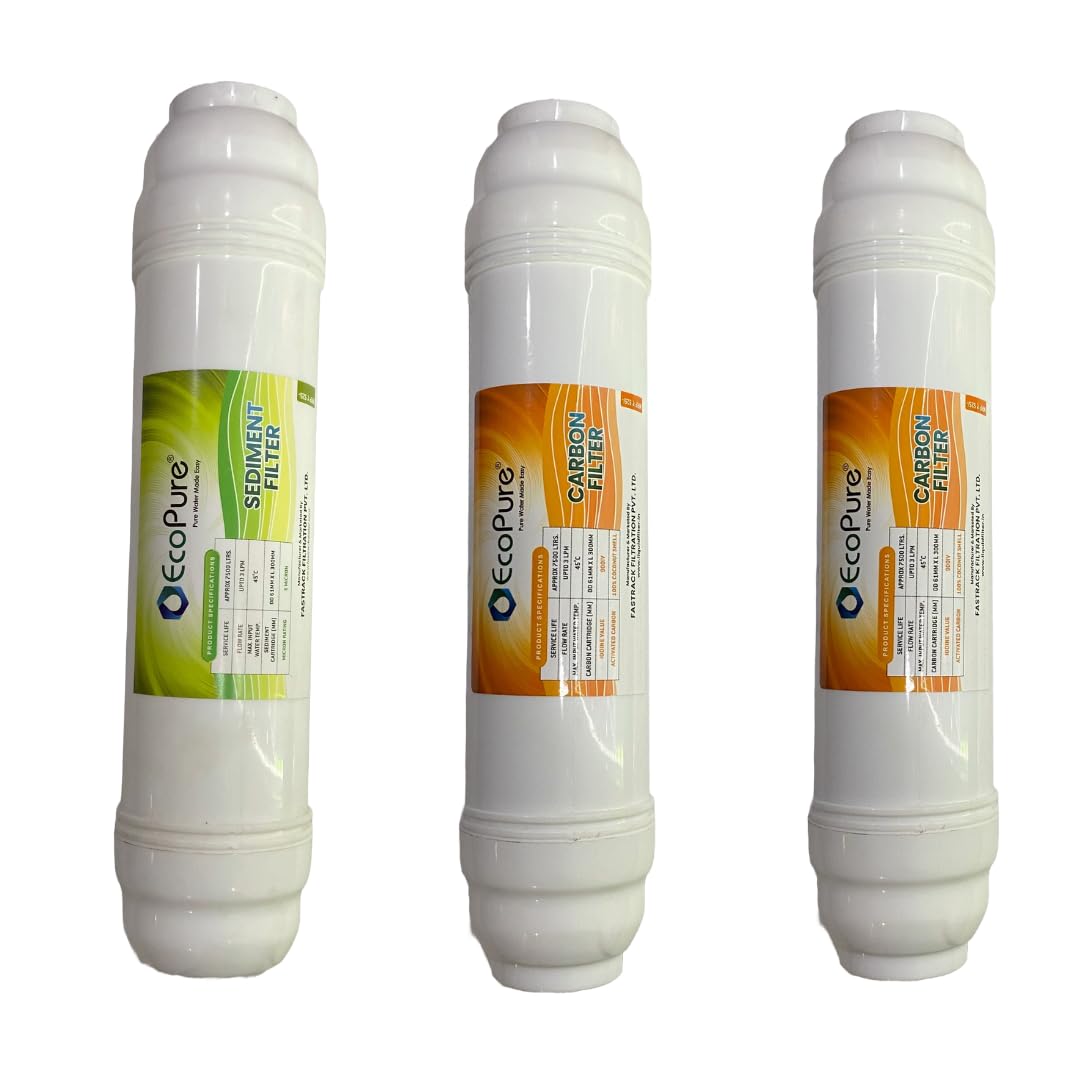 Aqua Ecopure 2 Carbon Filter & 1 Sediment Filter and Elbow (Set of 3), Inline Filter Set for All RO Water Purifier