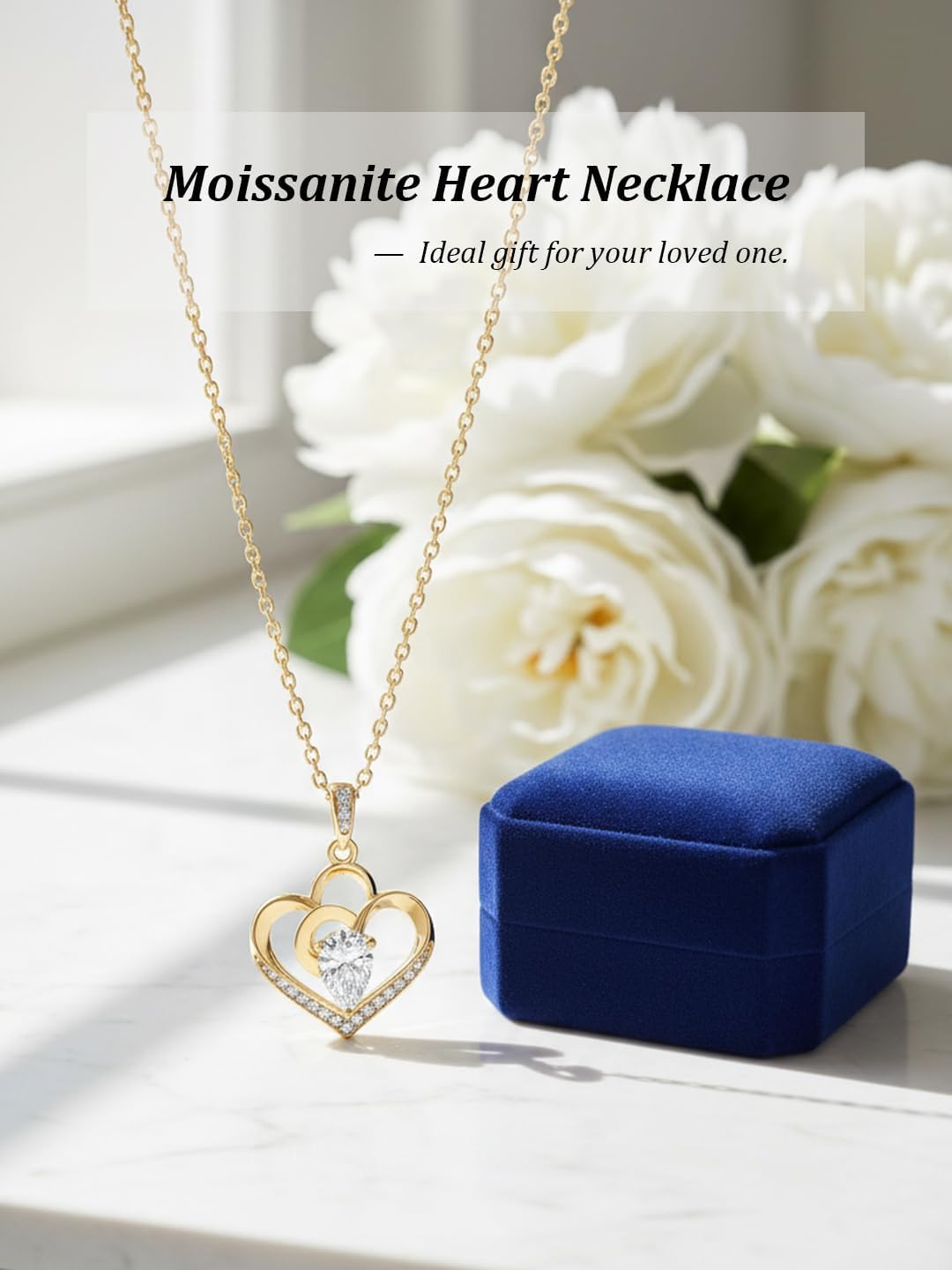 Moissanite and Sapphire/Ruby/Emerald Love Heart Necklace for Women, Solid 925 Sterling Silver, 16"/18"/20" Adjustable, Valentines Birthday Anniversary Christmas Romantic Jewelry