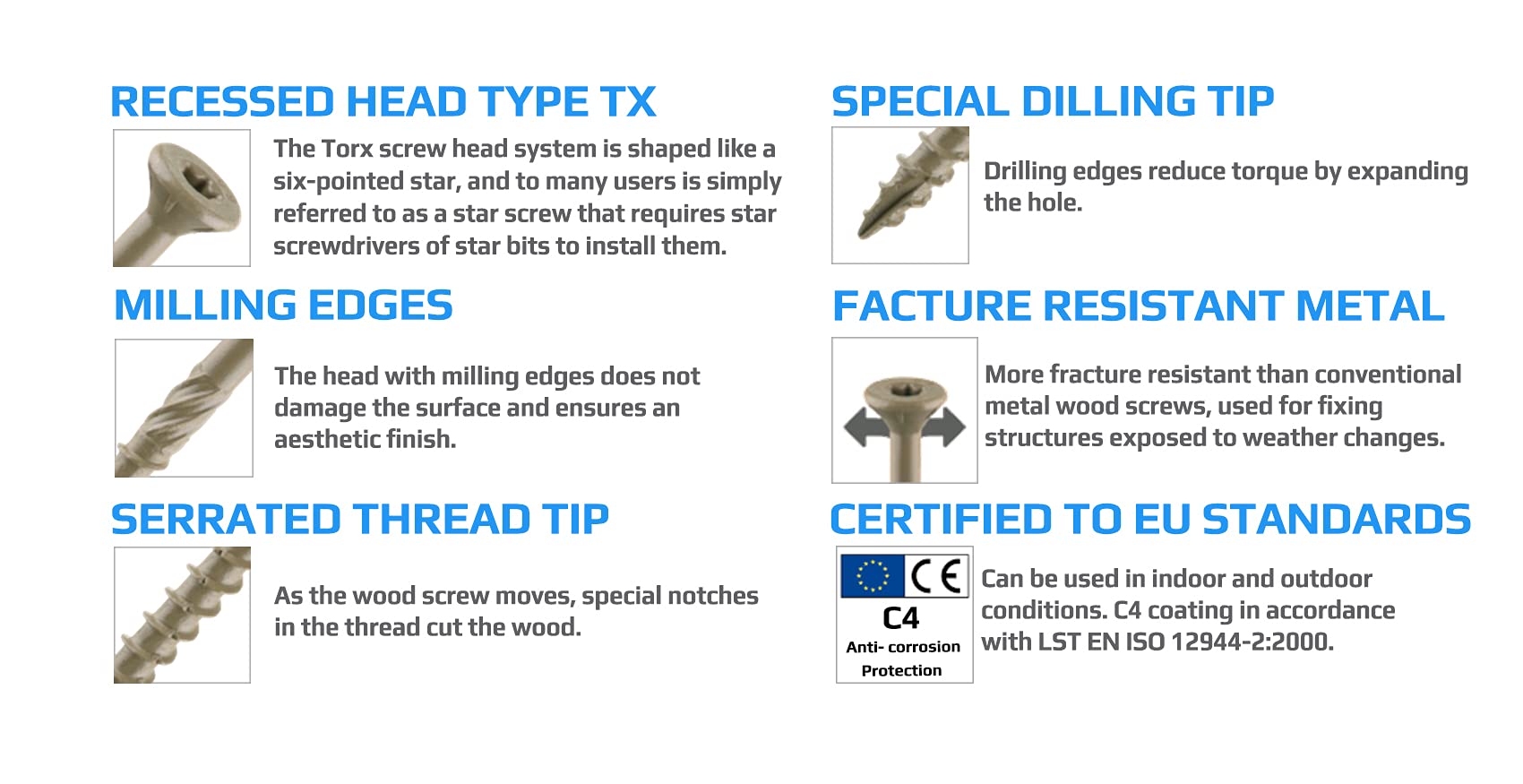 6mm Wood Screws Self-Tapping Torx with High Anti Corrosion Protection C4 Multi Purpose Use the Pozi Flat Head (Box of 100pcs) Size: 6mm x 110mm - Image 2