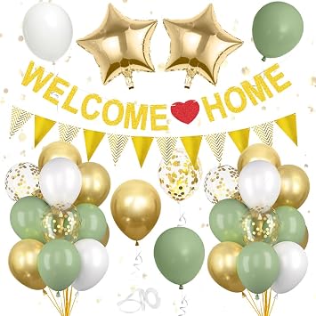 Welcome Home Decoration Welcome Home Garland Balloons Green Gold Confetti Welcome Home Banner Bunting for Baby Shower Family Celebrations Housewarming Party Decoration