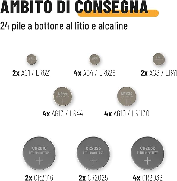 ABSINA 24 batterie a bottone miste alcaline e litio - 2x AG1, AG3, CR2016, CR2025 / 4x AG4, AG10, AG13, CR2032 - Pile a bottone da 1,5V e 3V - Pile orologio piccole rotonde Alcalina + Litio Confezione da 24 - 5