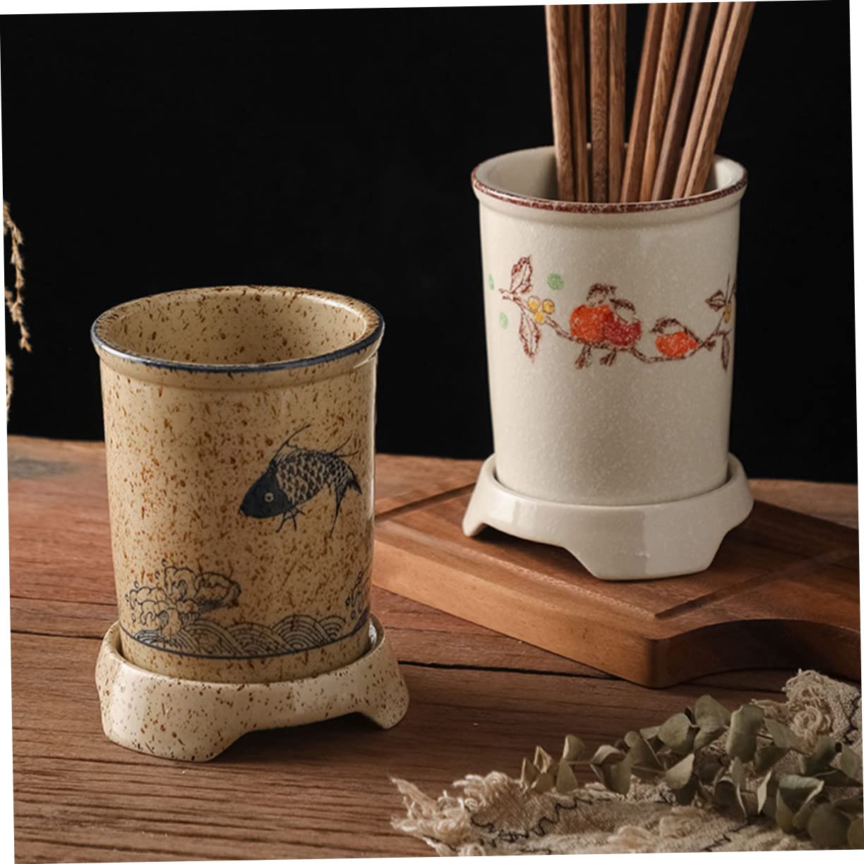 YARNOW Porte-baguettes Trous D'égouttage en Céramique de Style Japonerie Support Élégant et Fonctionnel pour Ustensiles Cuisine, Cuisine Présents de Pendaison de Crémaillère