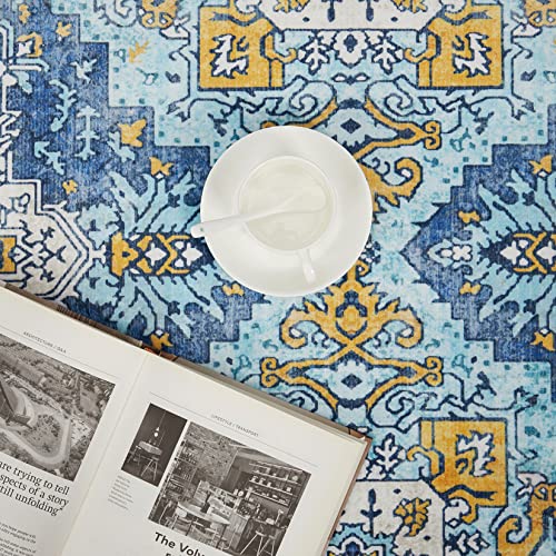 Rugsreal Boho Area Rug 8X10 Vintage Bohemian Rug Indoor Floor Print Distressed Medallion Carpet Rug Velvet Mat Foldable Accent Rug Kitchen Living Room Bedroom Dining Room, Blue/Yellow #TOP2
