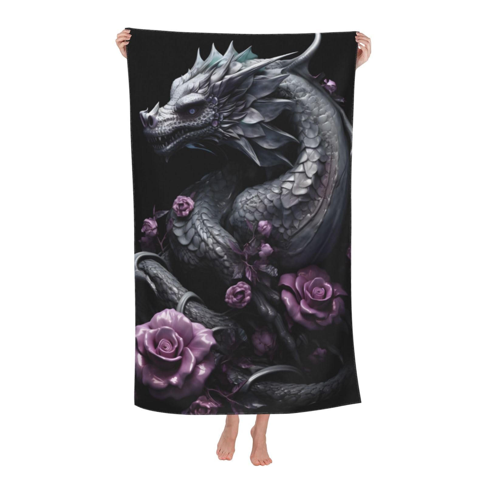 LSRCPD Beach Towels Silver Dragon Roses Travel Swim Sports Swimming For Men Women 80X130Cm