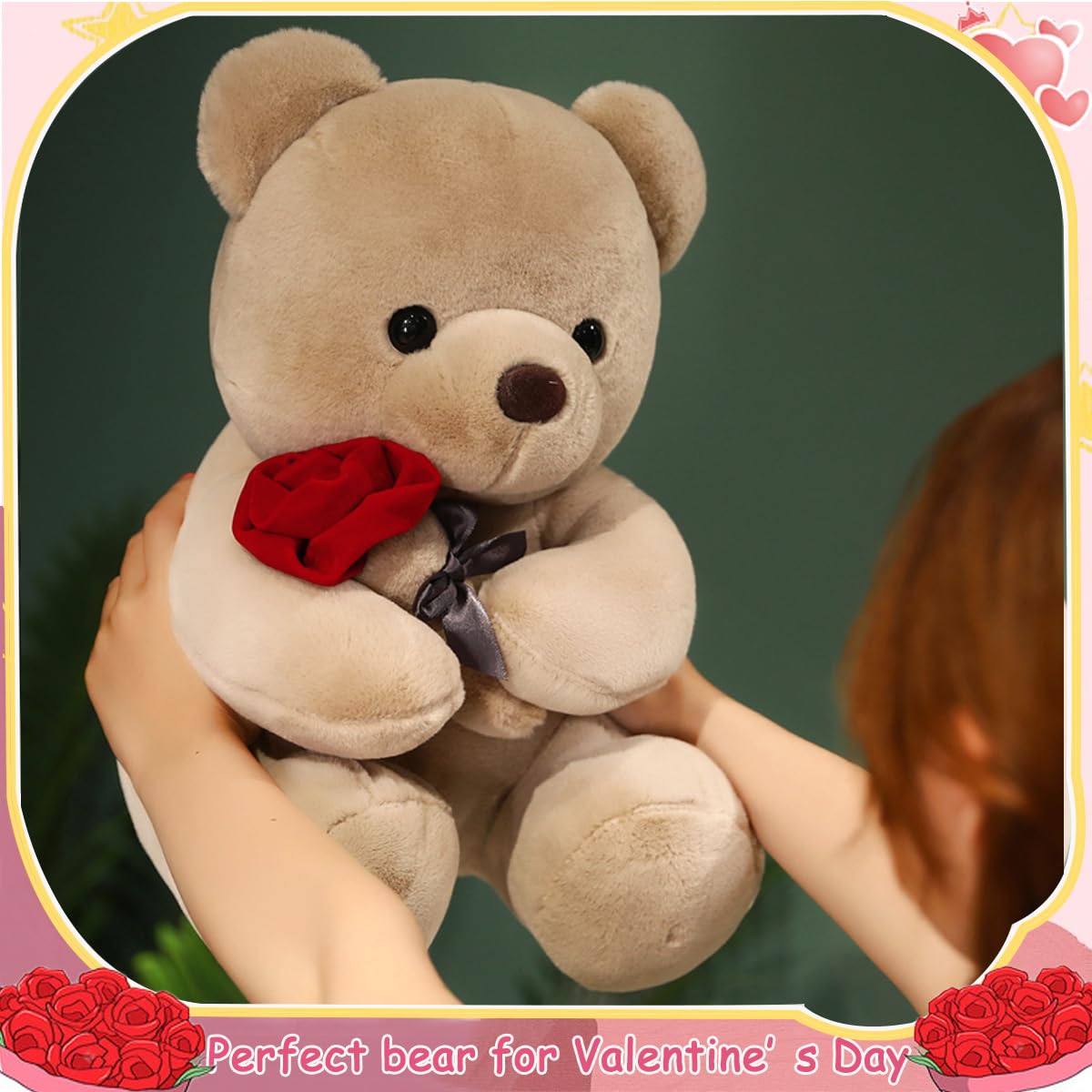 Annco Cute Teddy Bear Plush Toys With Rose Flower Valentines Day Bear Stuffed Animal Teddy Bear Gift for Valentine's Day Christmas Anniversaries (Brown - Image 2