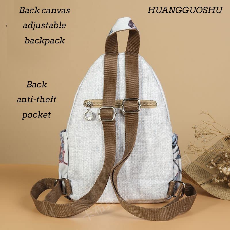 Image of Womens Boho Cotton Hemp Cloth Backpack Boho Vintage Embroidered Casual Purse Handbags Messenger Bag Mushroom Beige Red