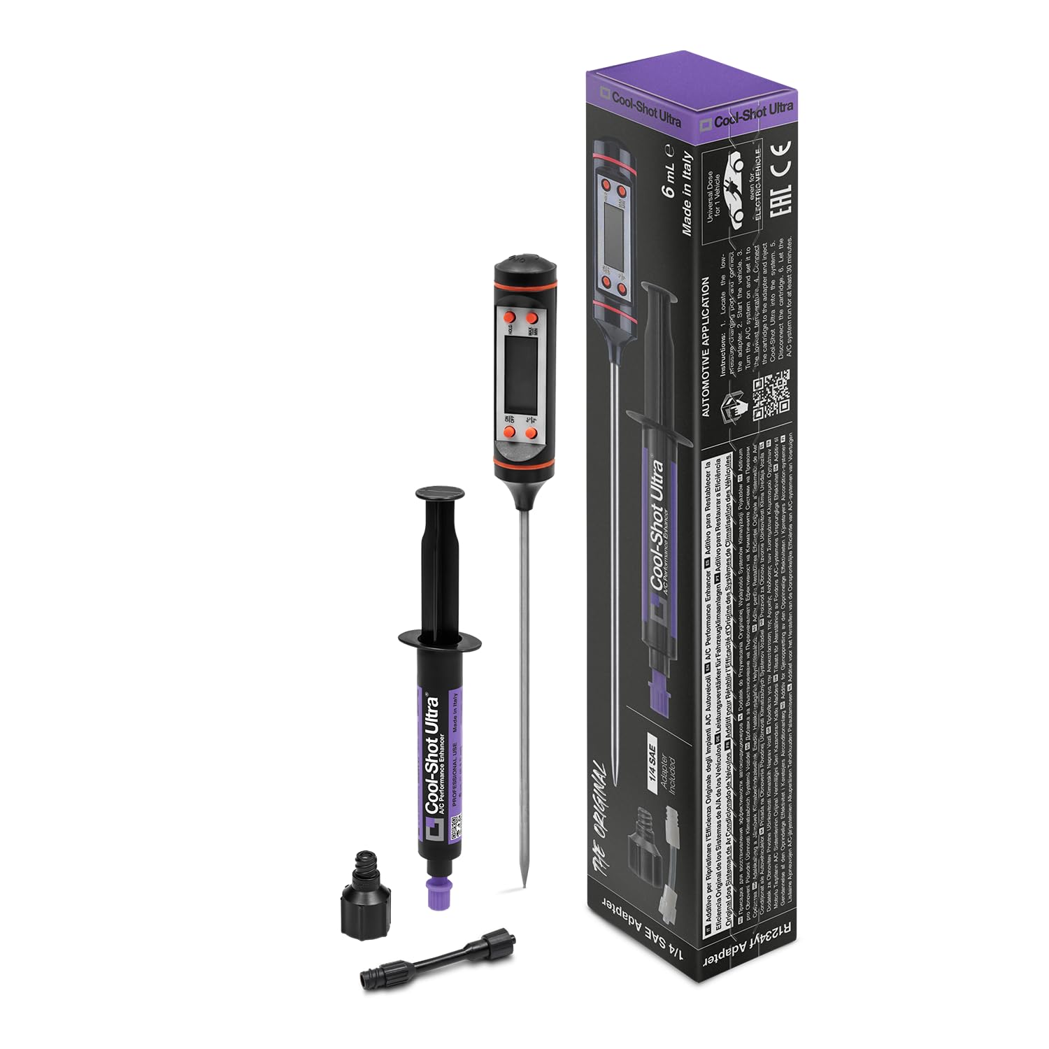 ERRECOM Cool-Shot Ultra Restores Original Air Conditioner Efficiency, Colder Air, Includes Thermometer to Check Temperature Before & After, 6 mL Cartridge + 1/4 SAE Adapter