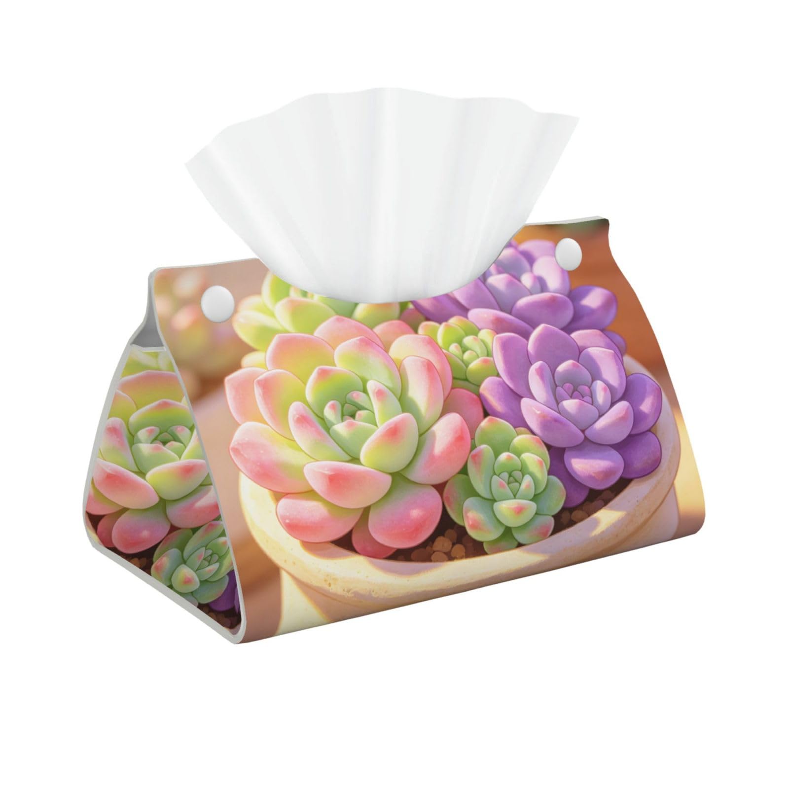 Green Succulent Art Long Leather Tissue Box Cover-Waterproof PU Leather Tissue Holder for Bathroom, Decorative Rectangular Tissue Case