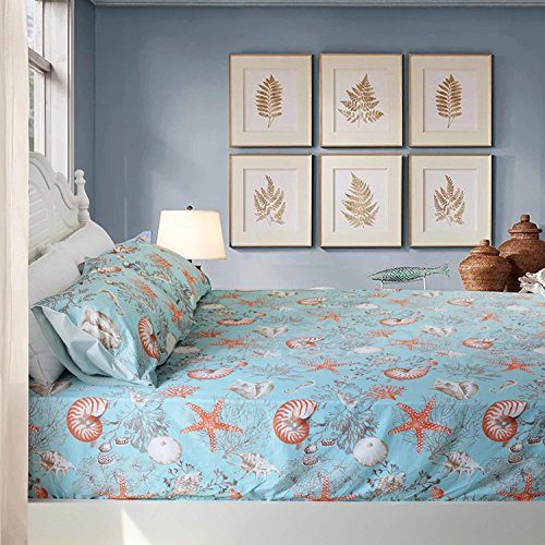 Coral Seashell Starfish Printed Coastal Bed Sheet Set California King Size Blue Beach Themed Bedding Set,1 Flat Sheet,1… - Image 9