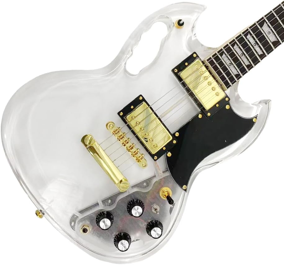 Yinfente 39Inch Electric Guitar Kit Transparent Acrylic Guitar,Full Size Solid Body Electric Guitars for Beginners With Maple Neck Rosewood Fretboard& LED Light Blue,Tremolo Bra,Cable HH