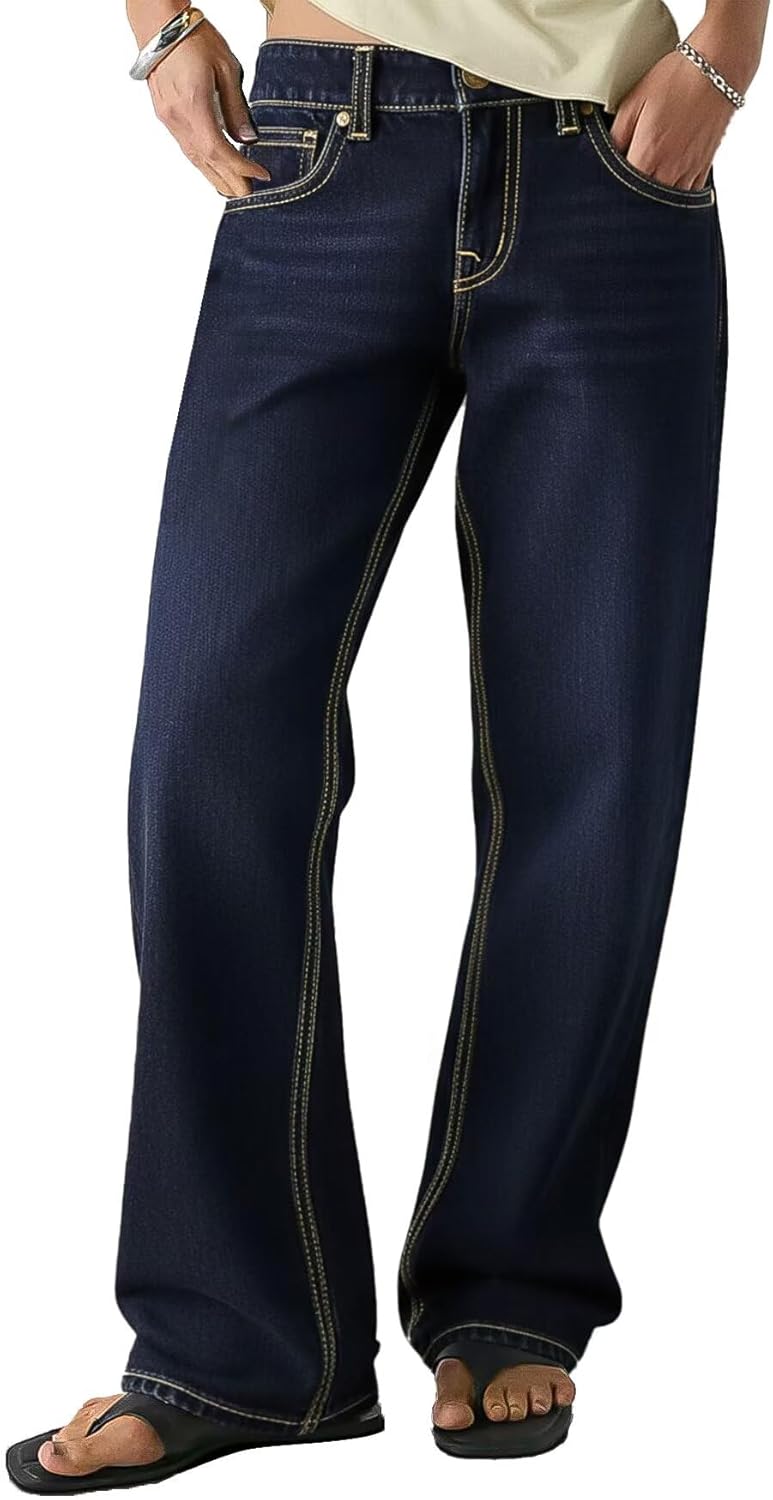 Flamingals Mid Rise Straight Leg Jeans for Women Multi Pocket Stretchy Baggy Boyfriend Jeans Trendy