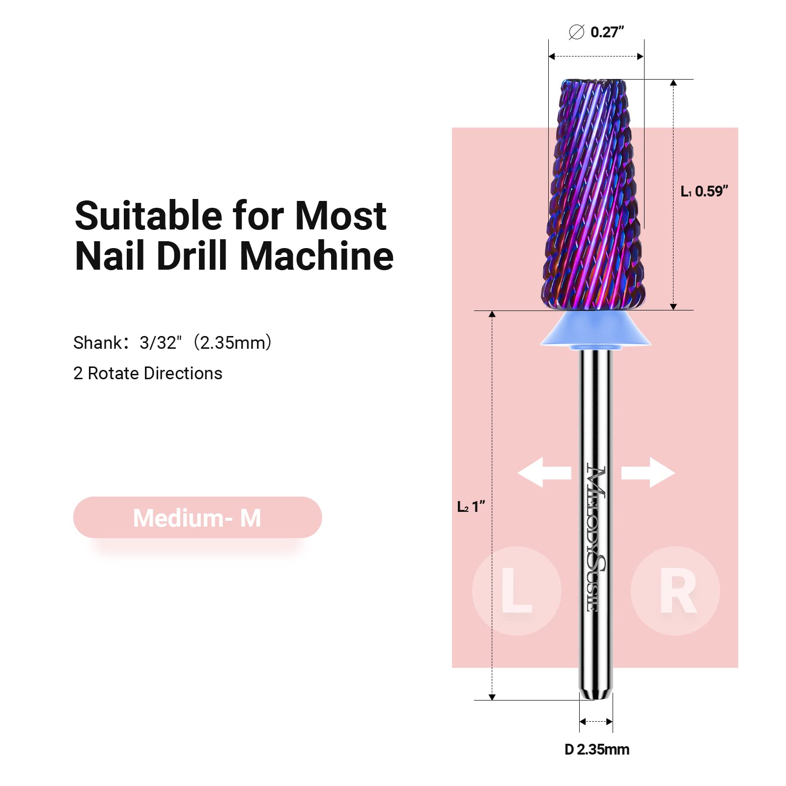 MelodySusie Professional 5 in 1 Nail Drill Bits, 3/32'' Carbide Tungsten Multi-function Bits, Suitable for Manicure Pedicure Cuticle Gel Polishing, Technicians Bits, Purple, Series Bit-M, Medium