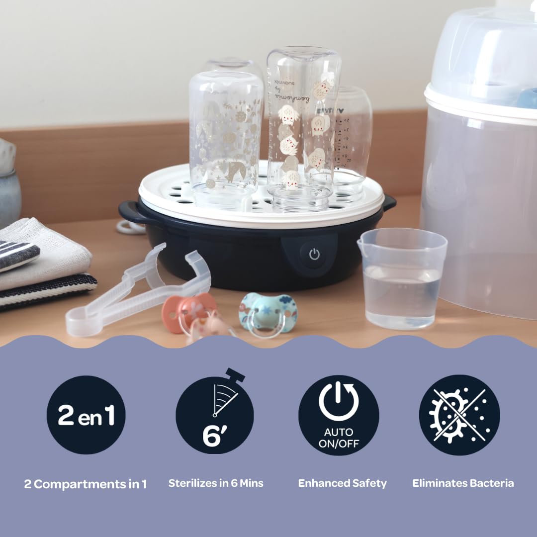BEABA Steril' Express 2-in-1 Baby Bottle Sterilizer, Fast Sterilization in 6 Minutes, Auto Shut Off Feature, Steam Sterilizer for Baby Bottles, Midnight