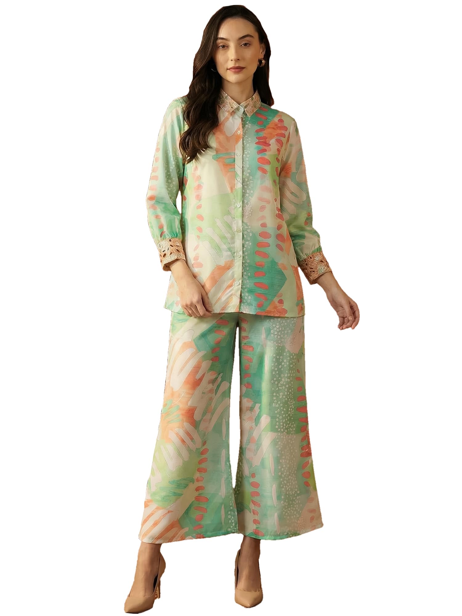 Women's Silk Blend Printed Shirt Collar Shirt & Palazzo Set (LWCDAI1021)-image-10