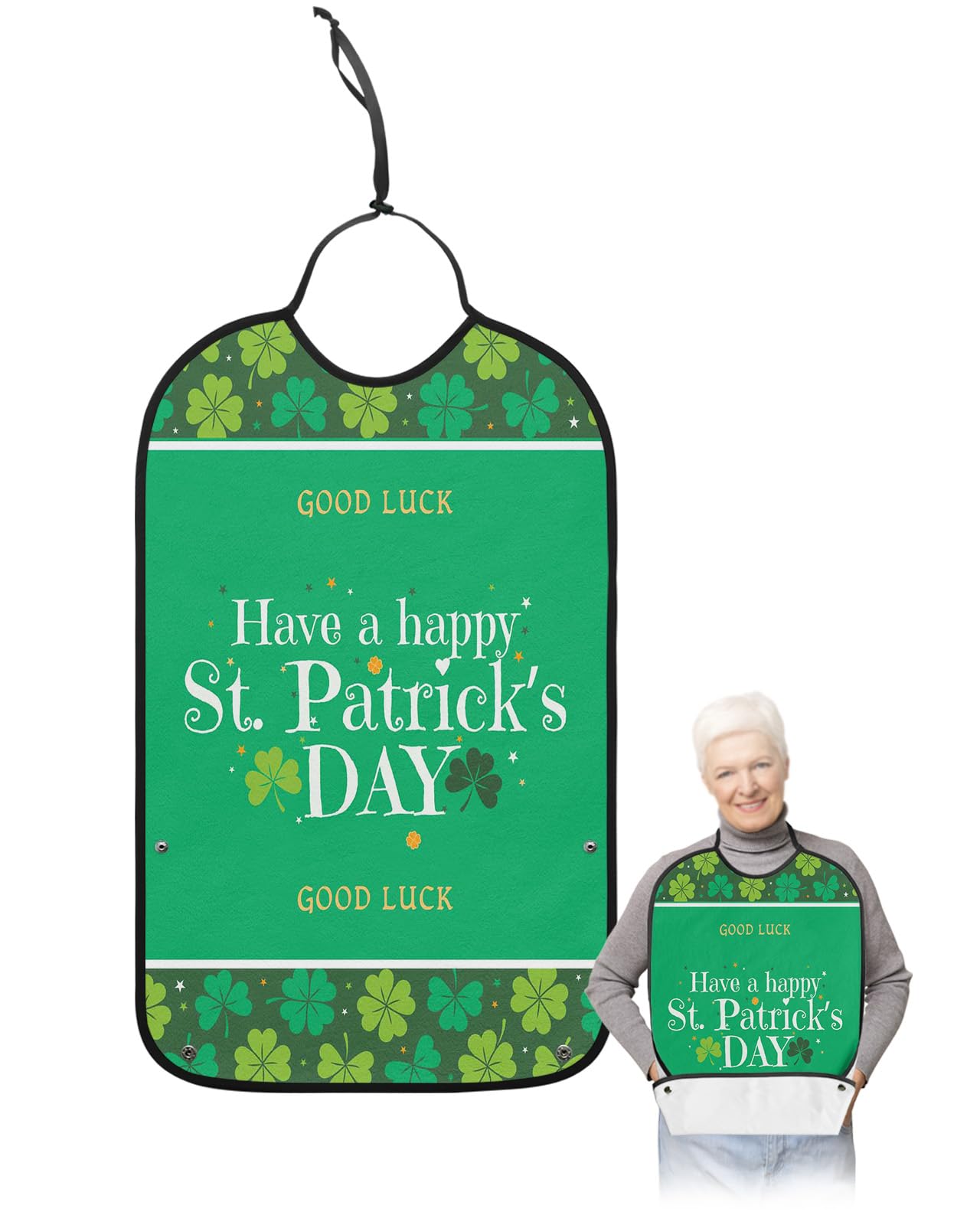 Funny Adult Bibs for Eating, Happy St.Patrick's Day Shamrock Green Pattern Waterproof Clothing Protector Washable Adult Bib with Crumb Catcher for Men Women Elderl and Seniors