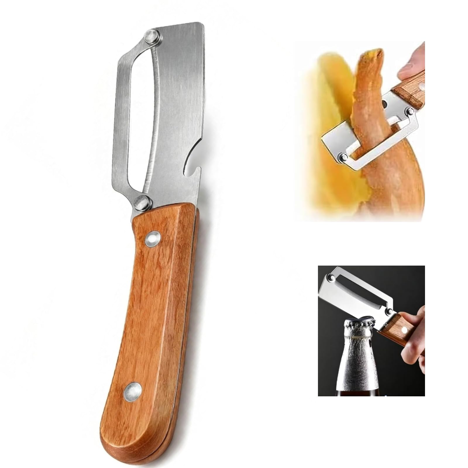 Photo 1 of 2 in 1 Multi Functional Vegetable Peeler for Kitchen?Vegetable Peeler with Wooden Handle and Bottle Opener, Stainless Steel Blade Kitchen Tool for Fruit Apple Carrot Potato Pumpkin Papaya(1 PCS)