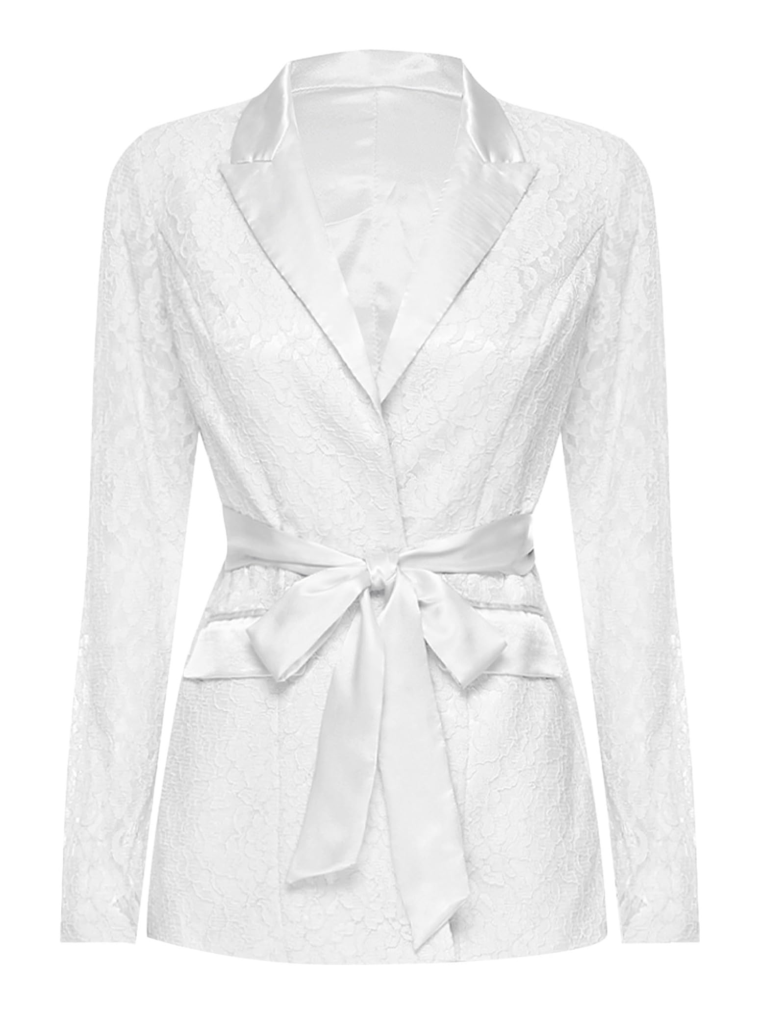 Womens Elegant Floral Lace Belted Blazer Outerwear Notched Lapel Tie Waist Blazer Coat Casual Jacket