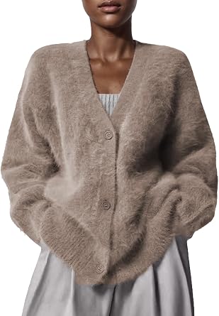 LKOUS Womens Fuzzy Sweater Cardigan,V Neck Long Sleeve Open Front Loose Furry Sweater Coat