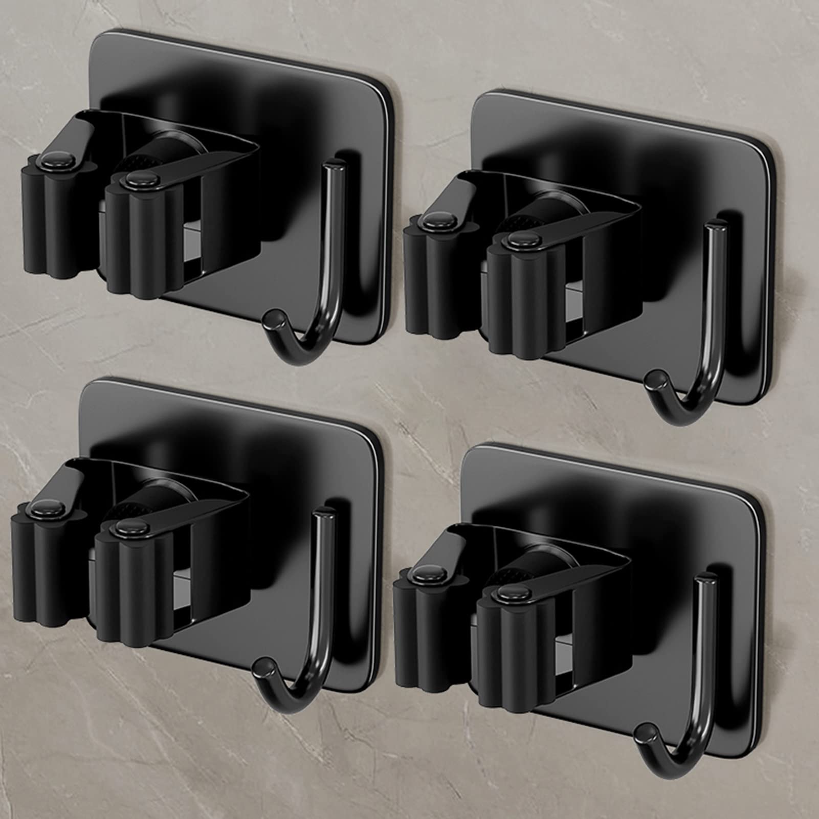 Supporto for mocio Autoadesivo, Appendiabiti for Montaggio a Parete con Ganci, Antiscivolo for impieghi gravosi, for Lavanderia, ripostiglio for Garage, Bagno (Color : Black, Size : 4 Pieces)
