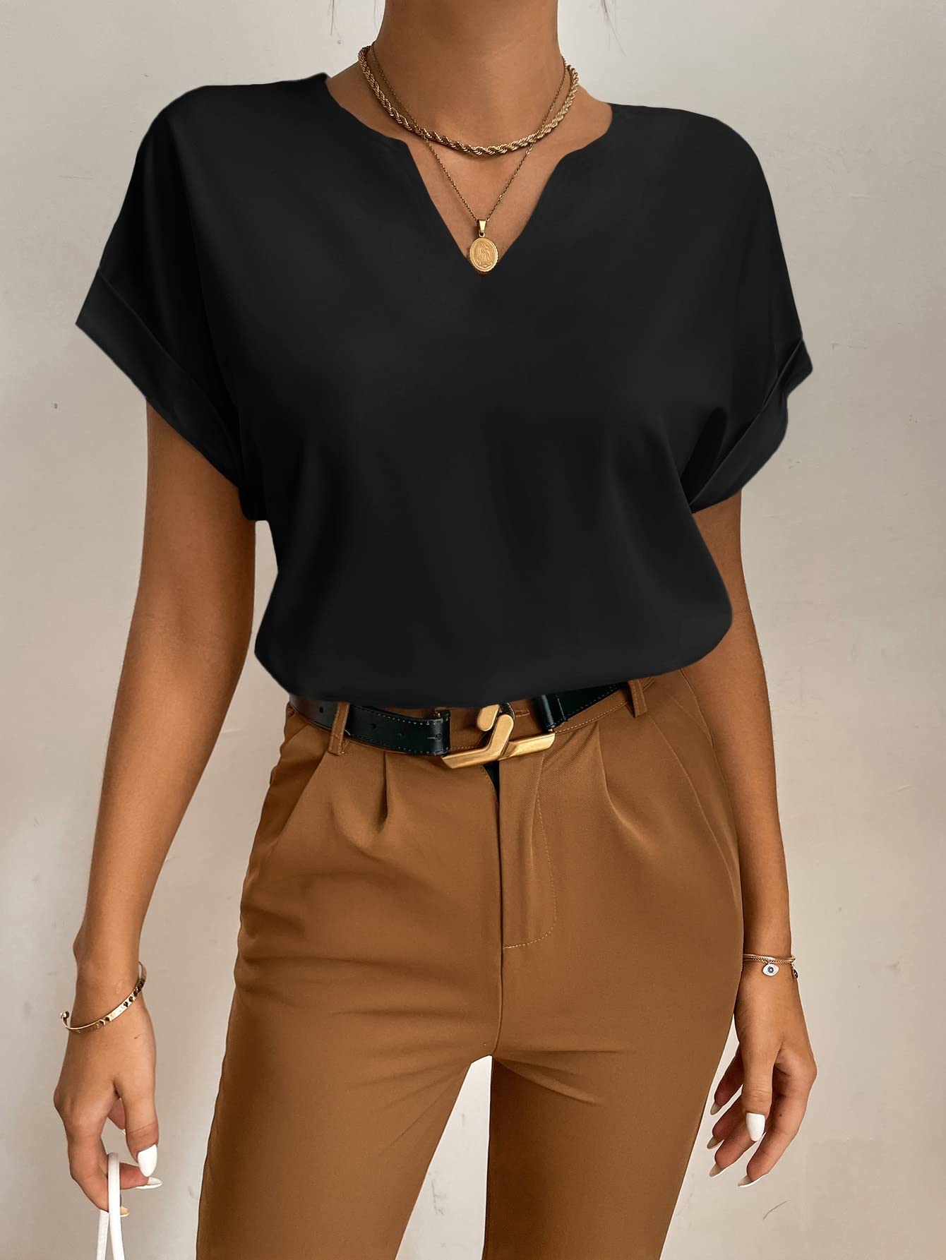 Floerns Blusa casual de seda satinada de manga corta para mujer