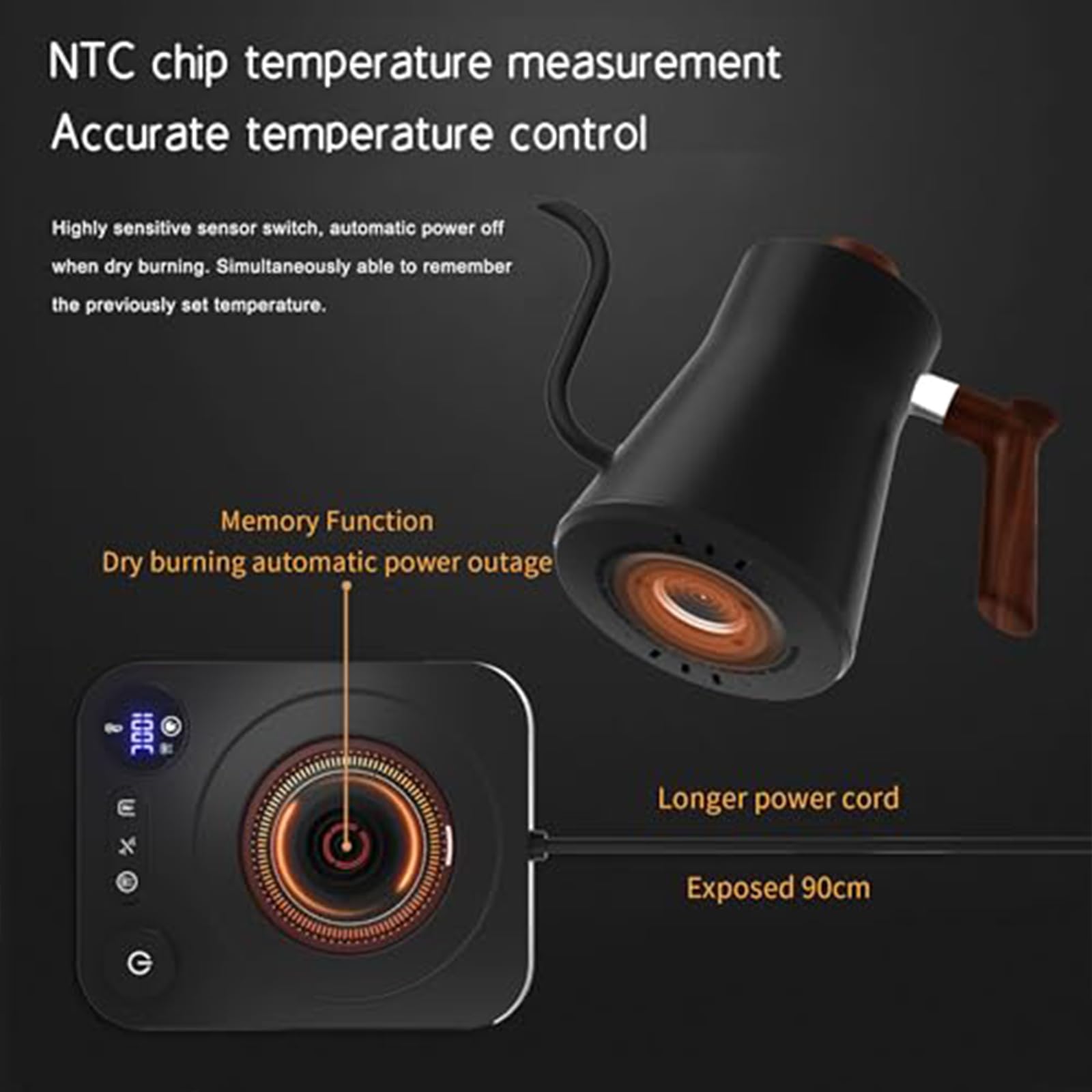 Hervidor de cuello de cisne, acero inoxidable de 0,9 L, calentamiento rápido para verter café y té