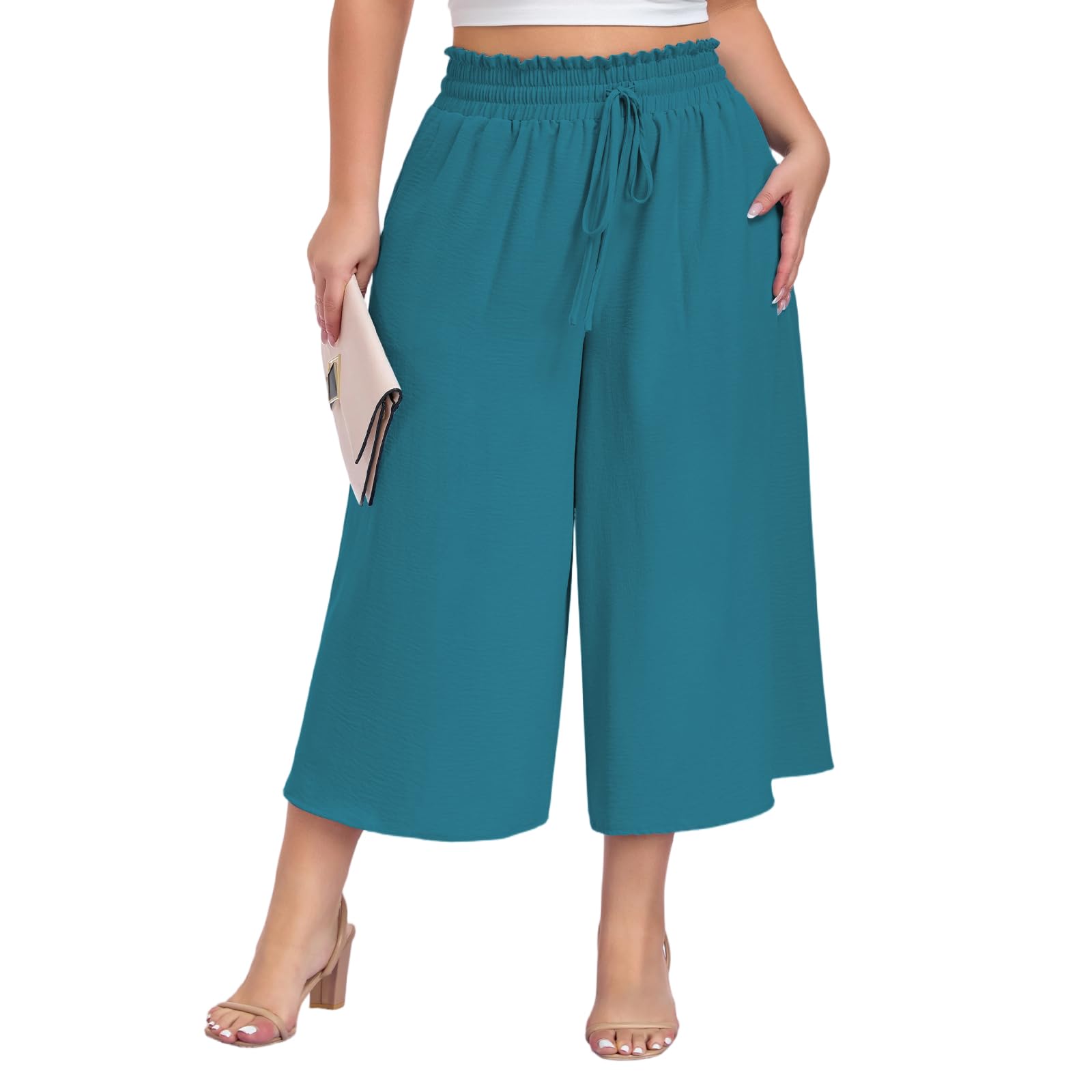 Moon Wood 3/4 Sommerhose Damen Leicht Hohe Taille Culotte Palazzo Hose Freizeit Lässig Weitem Bein Caprihose mit Taschen Große Größen