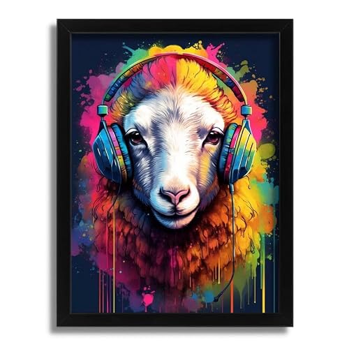 Rainbow Sheep With Headphones Art Print Colourful Animal Wall Art Framed Picture Poster A5 - Wall Art Home Decor Movie Poster Canvas Film Cinema Retro Vintage Cult Classic Nostargic Saga Modern repri