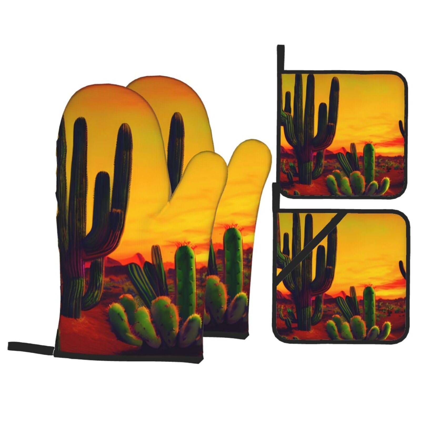 Cactus in Desert Print 4-Piece Heat-Resistant Oven Waterproof Kitchen Gloves Cooking Roasting Essential