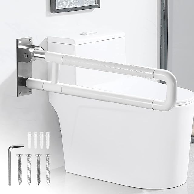 Toilet Safety Grab Bar, Shower Aids Grab Rail, Bathroom Support Rail Handrail, Non Slip Foldable Drop Down Toilet Rails Handle Grip, Wall Mounted Guard Frame for Disabled Elderly Pregnant Bariatric