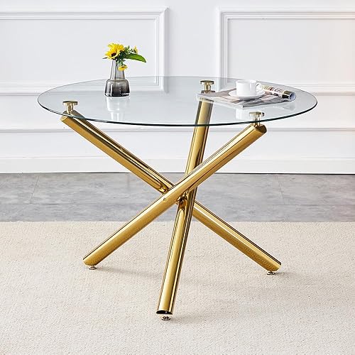 Miniatura 8 de Mesa de comedor redonda, mesa de comedor moderna de 40 pulgadas, mesa de vidrio templado con patas de metal chapado en oro, Mesas de Comedor para