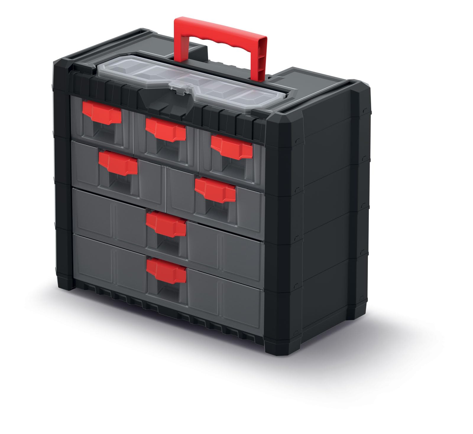 Caja organizadora maletín para herramientas | Portátil con asa | Apilable | Se puede colgar | 7 cajones con sistema de bloqueo | 40 x 20 x 32,6 cm | de plástico resistente